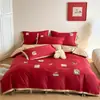 Conjunto de Quatro Peças Bordado em Cetim de Algodão de Fibra Longa Contagem 100S Aba Larga Cor Pura Roupa de Cama 100% Algodão Lençóis de Cama Conjunto de Lençóis de Cama