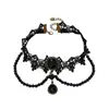 Collar de Encaje Negro Hot Sale Cruzado para Mujer Lolita Retro Cadena Patchwork Collar de Perlas Redondas Cadena para Clavícula Gargantilla