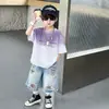 Conjunto de Verano para Niños 2026 Nueva Camiseta Elegante de Manga Corta para Niños y Pantalones Cortos de Mezclilla Rasgados Estilo Coreano para Niños