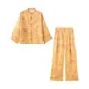 Conjunto de dos piezas para mujer de comercio exterior transfronterizo estilo chino nuevo europeo y americano con estampado, cuello alto vintage, top corto y pantalones de pierna ancha