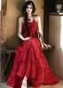Vestido Retrô Vermelho Bordô Decote V Alças Finas para Mulheres 2025 Verão Novo Sexy Pequeno Sem Costas Bolo Saia Longa
