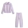 Roupas femininas europeias e americanas transfronteiriças, populares no AliExpress, jaqueta roxa casual da moda com zíper + calça de perna larga curva