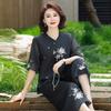 Roupas de Verão para Mulheres de Meia-Idade e Idosas Tops Estilo Chinês 2025 Novo Estilo Estilo Estrangeiro Roupas de Mãe Cardigan de Verão Conjunto de Duas Peças