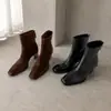 Novedad Otoño/Invierno Primera Capa Piel de Vaca Versátil para el Trabajo Tacón Grueso Botines Cuadrados de Punta Cuadrada de Tacón Alto para Mujer Talla Pequeña Botas para Combinar con Faldas