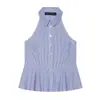 Camiseta sin mangas de cuello halter para mujer con cuello de solapa, de un solo botón, cintura ceñida, bajo con volantes, hombros descubiertos, top tipo tank elegante para ir al trabajo al por mayor