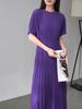 Vestido de Gasa Crepé Plisado Francés para Mujer Verano Nuevo Cintura de Alta Gama Color Puro Elegante Falda Plisada de Manga Corta