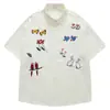 Camisa de Manga Curta Bordada com Waffle, Marca Tendência Estilo Americano para Homens, Estilo Férias de Verão, Roupa de Praia, Camisa Preguiçosa e Relaxada