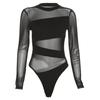 Camiseta Europeia Ins Preta Transparente de Malha Manga Longa Feminina Ajustada Modeladora Recorte Bottoming Macacão Primavera e Verão
