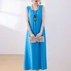 Novo Vestido de Algodão e Seda de Verão para Mulheres, Corte Amplo, Emagrecedor, Adequado para Mães de Meia-Idade e Idosas, Vestido Longo Elegante, Vestido de Praia