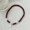 Pulseira de Prata S925 com Contas Redondas de Flor e Granada para Mulheres, Design Simples Feito à Mão, Joia de Mão com Contas Fashion e Versátil 6204