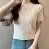 Blusa de Tricô Wubic Crab de Manga Curta para Mulheres, Novo Estilo de Verão, Gola Redonda, Corte Justo, Valoriza a Silhueta, Estilo Curto, Roupa de Baixo, Ins