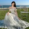 Estilo vacaciones de verano en la playa falda de tirantes de punto vestido de una pieza con volantes estilo francés