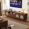 Juego de mueble de TV y mesa de centro, diseño tejido de ratán retro, marco de madera maciza, mueble de almacenamiento estilo francés para sala de estar, adecuado para apartamentos pequeños, uso doméstico