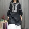 Camiseta Fina com Gola Redonda, Blusa de Manga Longa de Comprimento Médio para Mulheres, Estilo Étnico, Novo Estilo de Verão, Solta de Algodão e Linho, Roupa de Chá Manga Longa