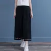 Calça larga bordada plus size 100kg perna larga, de algodão e linho, estilo retrô artístico para o verão, calça cropped casual estilo étnico para mulheres