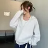 K1206 Sudadera con Capucha y Cuello en V Cuidadosamente Seleccionada para Mujer en Primavera, Otoño e Invierno, Aspecto Holgado y Adelgazante con Pantalones de Bolsillo con Solapa, Top Casual de Estilo Perezoso