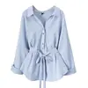 Ropa para Mujer de Tallas Grandes Transfronteriza Europea y Americana Diseño de Camisa Azul Sentido de Diseño Nicho Cintura Ceñida Adelgazante Cuello en V Chifón Manga Larga Top Mujer
