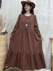 Vestido Redondo de Algodão Bordado de Camada Dupla Outono 2025 Gola Redonda Solto Estendido Elegante Saia Bolo Saia Longa