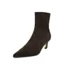 Botas Skinny de Camurça Femininas Botas de Cano Curto Elásticas Outono Inverno Nova Chegada Bico Fino Salto Agulha Justas ao Pé Estilo Coreano Botas de Cano Curto Elásticas Femininas
