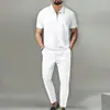 Verano Nuevo Estilo Europeo y Americano Comercio Transfronterizo Comercio Exterior Conjunto de Traje para Hombre Color Sólido Waffle Solapa Manga Corta Cremallera Pantalones Largos
