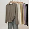 Camiseta de manga larga de otoño para mujer, camiseta básica de color liso de corte holgado, top de cuello redondo ajustado, prenda exterior elegante