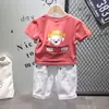 Verão 2019 nova camiseta infantil de desenho animado com personalidade ZY1905 calça jeans rasgada com cinto ZY853