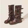 Estilo Wasteland Botas Femininas Pretas Retrô Franzidas Slouch Botas Martin Super Cool Fivela de Cinto Meia Panturrilha Botas Calça Tendência