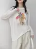 Camisa de Tencel com Estampa Retro Proteção Solar Feminina Verão Leve Ligeiramente Transparente Manga Longa Camiseta Preguiçosa Solta Cobertura de Ar Condicionado Branca