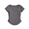 Design de Cor Sólida Senso V-Neck Bolso Pequeno Manga Curta Camiseta Feminina Slim-fit Cintura Apertada Bainha Curva Curta Top Puro Desejo Pequeno