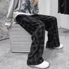 Calça casual xadrez preto e branco retrô de outono, unissex, estilo americano, caimento relaxado, calça reta larga solta