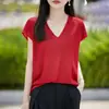 Blusa Básica de Malha Feminina Sem Costura Decote V Manga Curta Seda Gelada Lisa Sem Etiqueta Ajustada Versátil para o Dia a Dia Cor Sólida
