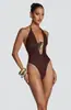 Bestseller transfronterizo: Traje de baño de una pieza sexy con escote halter en V profundo y detalles dorados, tirante halter, para sesión de fotos de vacaciones en la playa