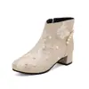 Botas de Caballero Elegantes Bordadas Perla Caña Corta Comercio Exterior Vestido Tang Cheongsam 33 Botas Gruesas Mediana 43 Botas Estilo Chino con Botas Beige