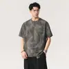 Camiseta Masculina de Manga Curta Jacquard Degradê Retrô de Alta Qualidade Verão Nova Solta Versátil Textura Degradê Gola Redonda