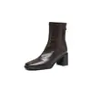 Botas de Cano Curto Elásticas Pretas de Salto Médio Chuyuji para Mulheres, Botas Slim de Salto Alto Bloco, Botas de Verão de Cano Único, Botas Martinas de Bico Quadrado