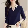 Camiseta Manga Longa com Lapela Feminina 2026 Novo Estilo Primavera Outono Mais Vendido Elegante Peça Externa Gola Polo Ombro Normal Camisa Base