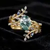 Anillo de Cobre Incrustado con Circonitas de Colores de Venta Caliente Transfronterizo con Diseño Creativo de Hoja Conjunto de Anillos Joyería de Boda Europea y Americana al por Mayor