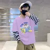 Camiseta de Manga Larga a Rayas con Cuello Redondo de Moda Estilo Coreano para Niños, Ropa de Primavera y Otoño, Niños Estampado de Dibujos Animados Capa Base Algodón Puro Fina