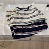 Estilo Perezoso Rayas de Contraste Cuello Redondo Camiseta Protección Solar para Mujer Delgada Aspecto Adelgazante Holgada de Manga Larga Jersey Top Blusa para Aire Acondicionado