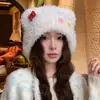 Gorro de tricô para outono e inverno, estilo gato, com abas para as orelhas, forro de pelúcia, espessado para aquecimento, design fofo de desenho animado, faz o rosto parecer menor