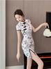 2025 Novo Estilo Chinês Elemento de Tinta Menina Chinês Diário Qipao Saia Fenda na Cintura Vestido Curto Estilo Chinês