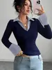 Otoño 2026 Nuevo Estilo Europeo y Americano de Amazon para Mujer Manga Larga Moda Casual Cuello Solapa Combinación Falsa de Dos Piezas Camiseta