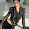 Camiseta de Manga Larga para Chica Atractiva para Mujer Nueva Ropa de Abrigo Cuello en V Tirantes Transparentes Ombligo Expuesto Aspecto Adelgazante Cárdigan Mangas de Campana Top Corto