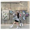 Sudadera con Estampado de Letras Americanas, Cuello en V, Manga Larga, para Mujer, Otoño, Gris, Empalme Único de Encaje, Top Casual Holgado