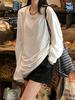 Camiseta blanca de color liso con cuello redondo, holgada, con costuras de encaje y protección solar fina, de manga larga, informal, transpirable, para otoño