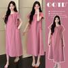 En Stock 2025 Vestido de Maternidad Estilo Francés con Bordes Fruncidos, Corte Holgado, Adelgazante, Tallas Grandes