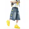 Shorts Jeans Largos Lavados Bordados com Estrela Feminino Primavera Verão Soltos Retos Comprimento Médio Casuais Versáteis Calças Sete Pontos