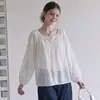 Camisa Branca Texturizada de Manga Longa Retro Francesa para Mulheres, Top Fino Respirável de Verão com Manga Bufante Solta para Proteção Solar
