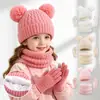Conjunto de Tres Piezas de Sombrero, Bufanda y Guantes con Patrón de Piña Nuevo Europeo y Americano, Set de Otoño e Invierno con Forro de Felpa, Engrosado, Sombrero de Bebé con Doble Pom Pom