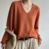 Nuevo Suéter de Punto de Hilo de Algodón 2026 Otoño/Invierno con Borde Enrollado, Cuello en V, Manga Larga para Mujer, Color Sólido, Holgado, Suéter, Prenda Base